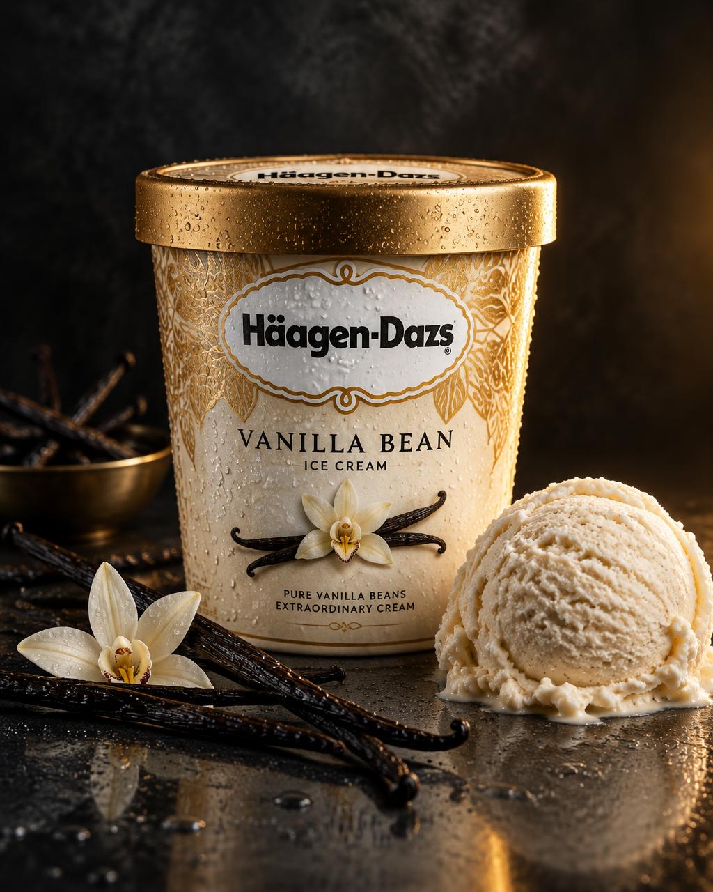Häagen-Dazs Vanilla Bean ice cream tub with gold lid on frosted dark glass